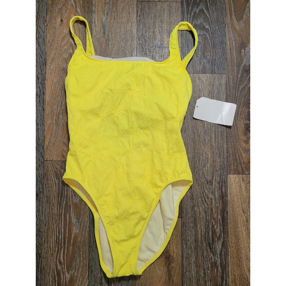 Vintage Beach Stop Yellow Textured Tropical One Piece Swimsuit 13/14 H-06107 USA